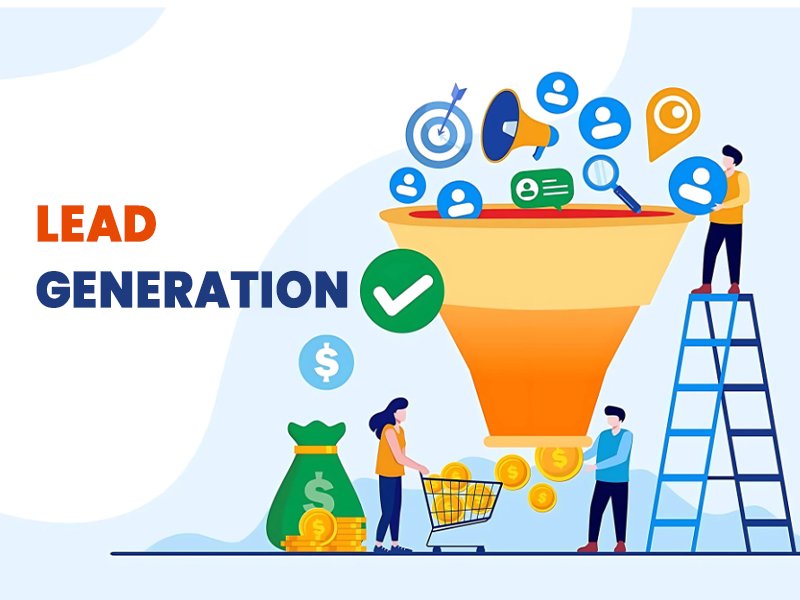 Visual representation of lead generation, showing the business funnel, targeting strategies, and conversion with money flow.