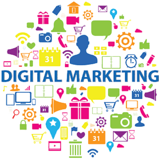 "A colorful collage of digital marketing elements like social media, SEO, ads, and mobile marketing with the text 'DIGITAL MARKETING'."