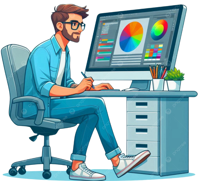 "A graphic designer working on a computer with a color wheel and design software on screen."