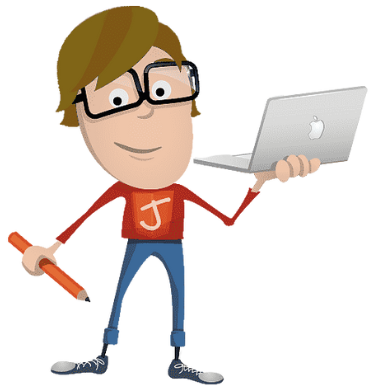 "Cartoon character with glasses holding a laptop and a pencil, symbolizing creativity and digital solutions by XTRIM DIGITECH."