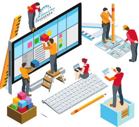 "Illustration of a team working on website design and development, representing XTRIM DIGITECH's website designing and hosting services."