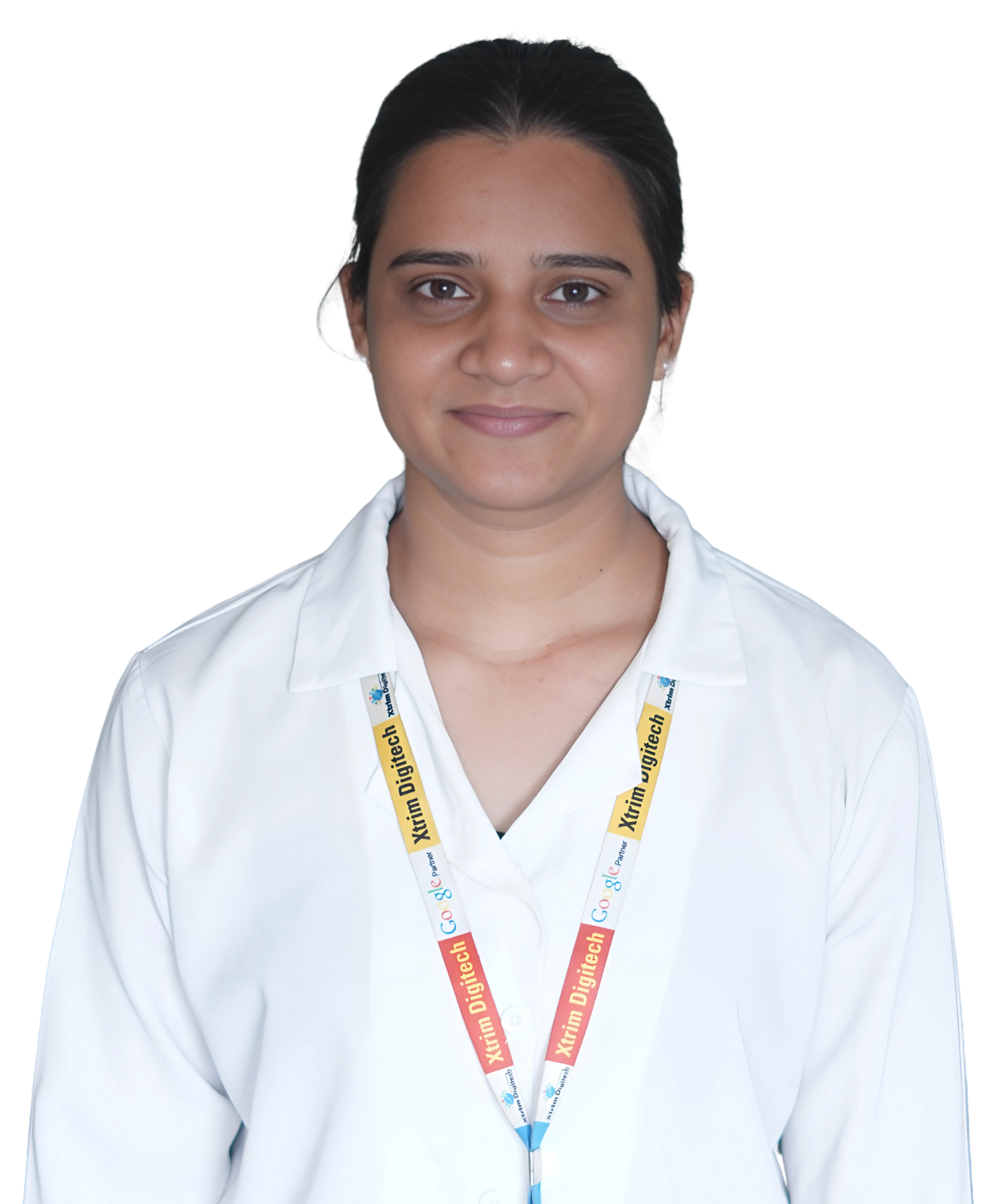 Payal, an employee at Xtrim Digitech, smiling in a formal white outfit with a black collar.