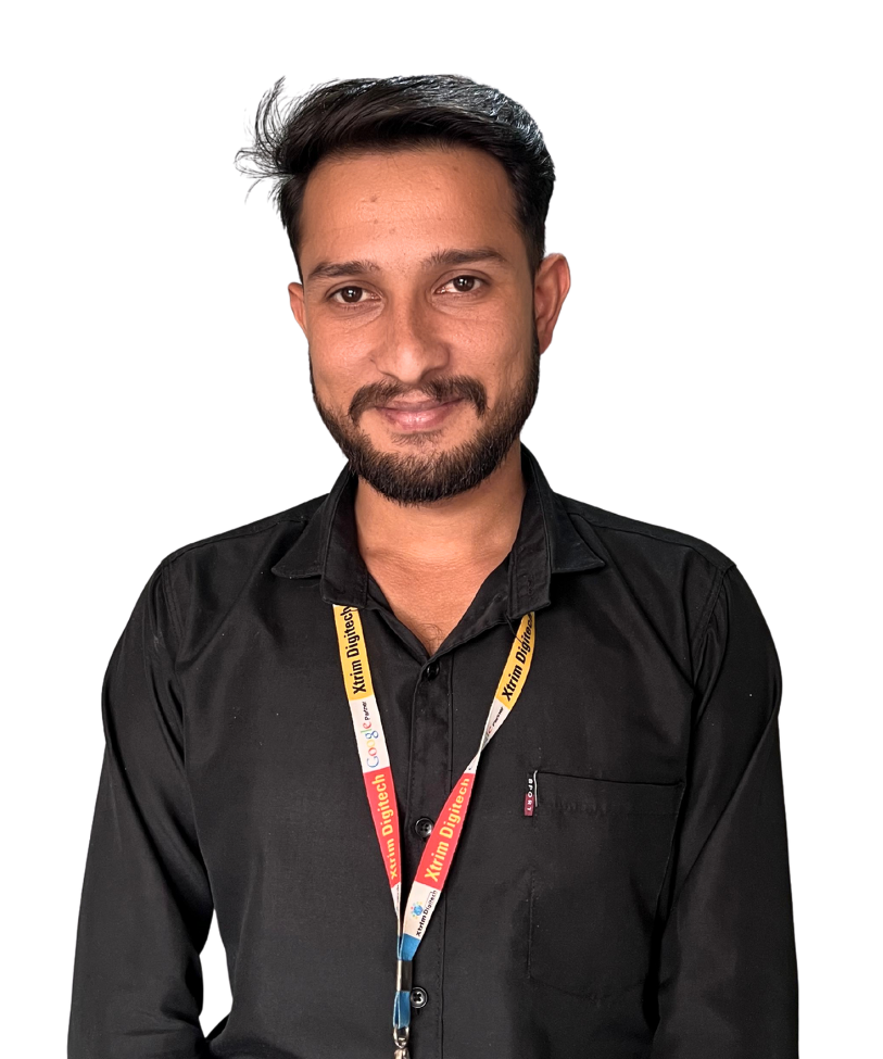 "Jaspal Singh, web developer at Xtrim Digitech Pvt Ltd, Indore, in formal black shirt with company lanyard, developing custom websites for the top web development company since 2025"