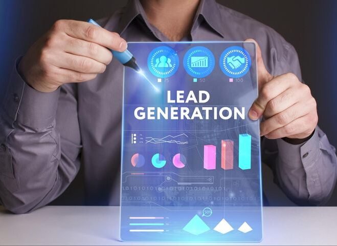 "Lead generation digital marketing concept image showing man holding a futuristic analytic dashboard with charts, metrics, and icons, optimized for social media strategies in Indore, Madhya Pradesh"