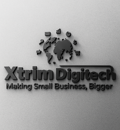 Xtrim Digitech logo with a stylized world map and business icons above the text "Xtrim Digitech Making Small Business, Bigger" on a metallic gray background.