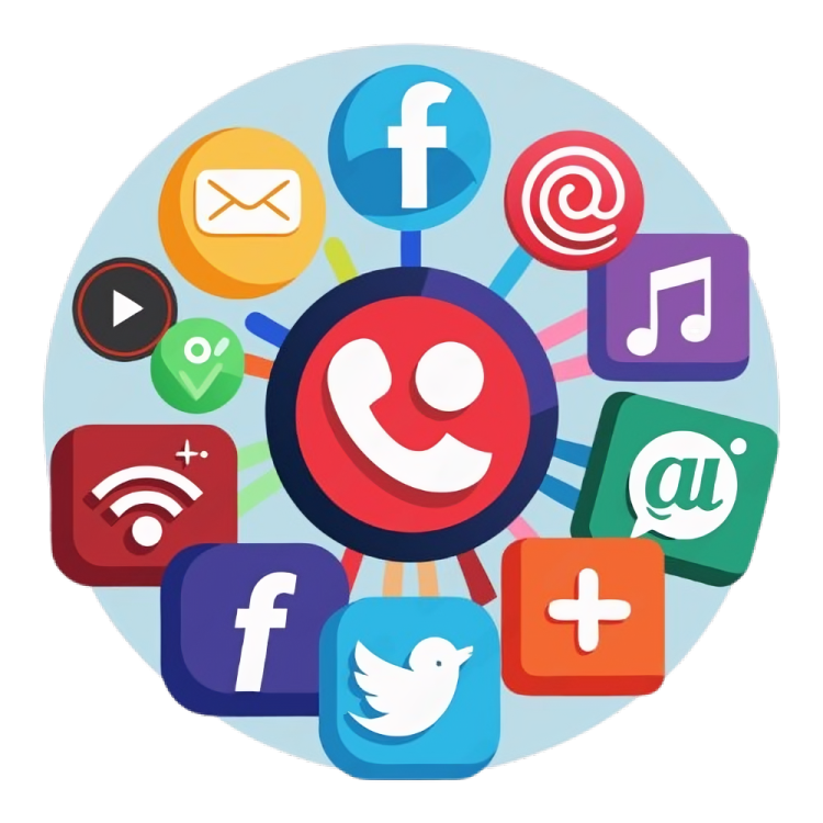 Illustration of various social media and communication icons arranged in a colorful, connected circle.