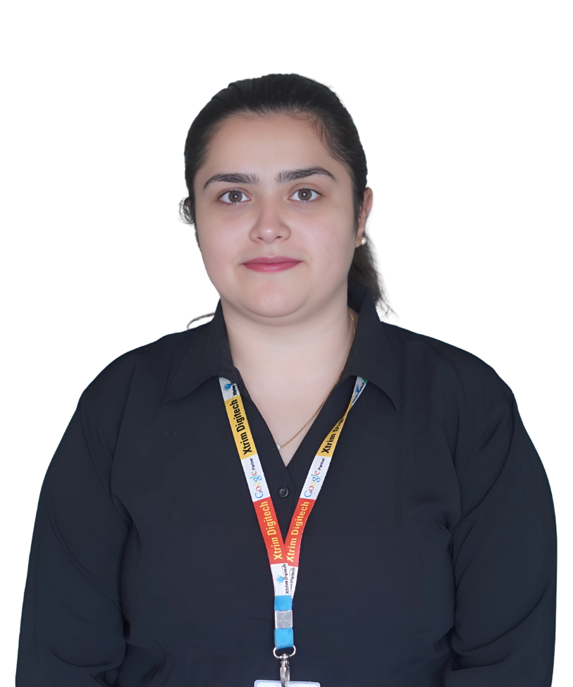 "Diksha Mangtani, CRM executive at Xtrim Digitech Pvt Ltd, Indore, in formal black shirt with company lanyard, managing client relationships for the best digital marketing company since 2025"