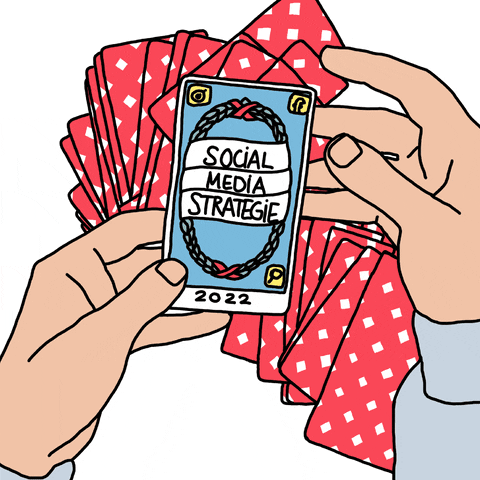 Illustrated hands holding a deck of cards, top card reading "Social Media Strategie," symbolizing digital strategy planning with Xtrim Digitech, best digital marketing company in Indore.