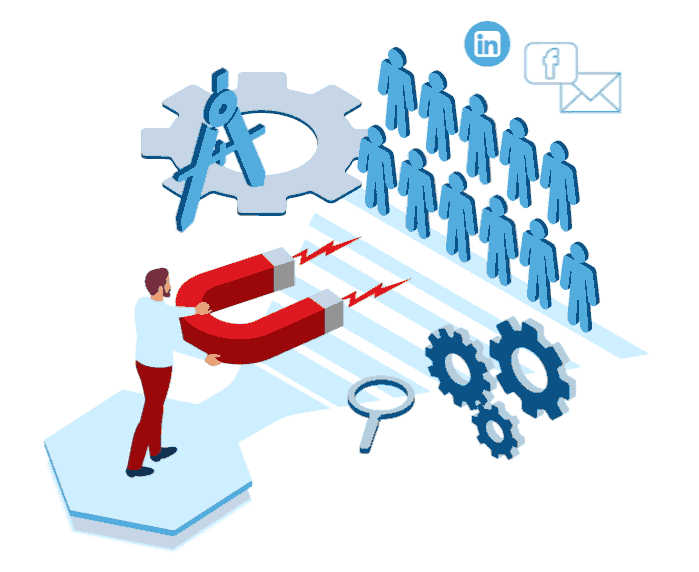Illustration of a marketer using a magnet to attract a group of people, with gears, magnifying glass, and LinkedIn, Facebook, and email icons, representing lead generation and social media marketing by Xtrim Digitech, best digital marketing company in Indore.