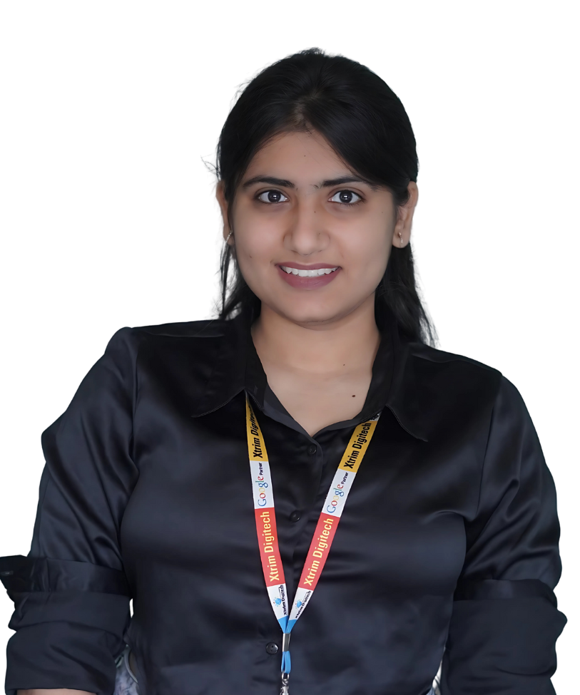 Pragya Nebhnani, CRM executive at Xtrim Digitech Pvt Ltd, Indore, wearing black shirt and company lanyard, managing client relationships and communications since 2025