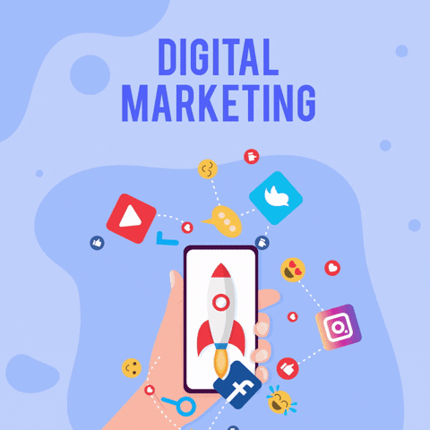 Illustration of a hand holding a smartphone with a rocket on the screen, surrounded by popular social media icons, representing digital marketing by Xtrim Digitech, best digital marketing company in Indore.