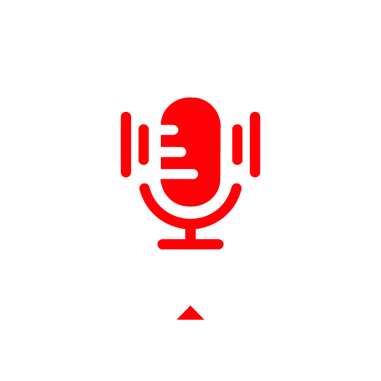 Red microphone icon with sound waves on both sides, and a small red upward triangle below, centered on a white background.