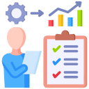 Flat icon of a person with checklist and analytics graph, gear, and upward chart, representing digital strategy, campaign planning, and performance monitoring by Xtrim Digitech, best digital marketing company in Indore.