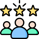 Icon of three people with three gold stars above, representing customer reviews, high client satisfaction, and best-rated services by the best digital marketing & local SEO company in Indore.