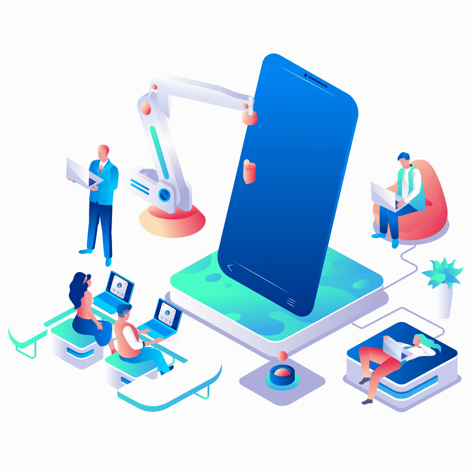 Isometric illustration of people working on laptops, robotic arm assembling a smartphone, and digital teamwork, representing mobile marketing and digital transformation services by Xtrim Digitech, best digital marketing company in Indore.