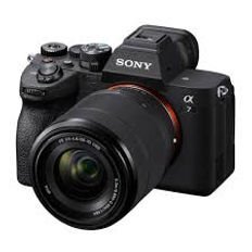 Angled view of a Sony Alpha 7 mirrorless digital camera with attached lens, set against a white background.