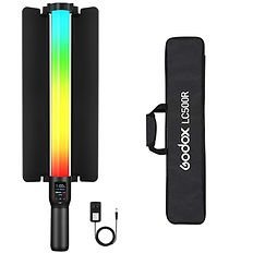 Godox LC500R RGB LED light baton with black barn doors, accompanied by a carry case and charger cable, displayed on a white background.