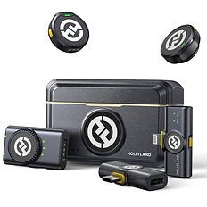 Hollyland wireless microphone set including transmitters, receivers, case, and accessories, all in sleek black design with circular brand logo.
