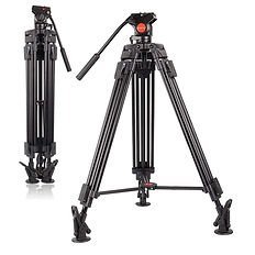 Professional video tripod shown in both folded and fully extended positions, featuring adjustable legs, rubber feet, and a fluid pan head.