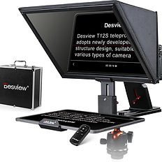 Desview T12S teleprompter with reflective glass, tablet mount, remote control, and storage case, designed for various cameras.