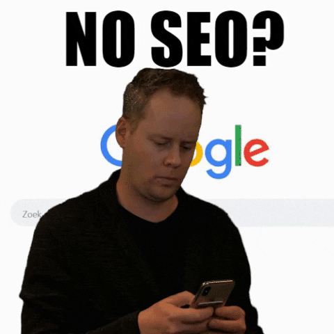 A person holding a smartphone with their face blurred, standing in front of a Google search page and large text saying "NO SEO?".
