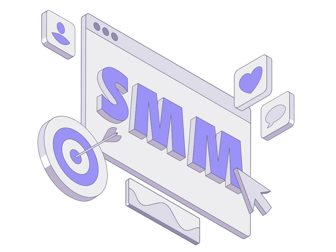 Social media marketing (SMM) 3D illustration, browser window with SMM letters, target icon, and social icons, for Xtrim Digitech, best digital marketing company in Indore.