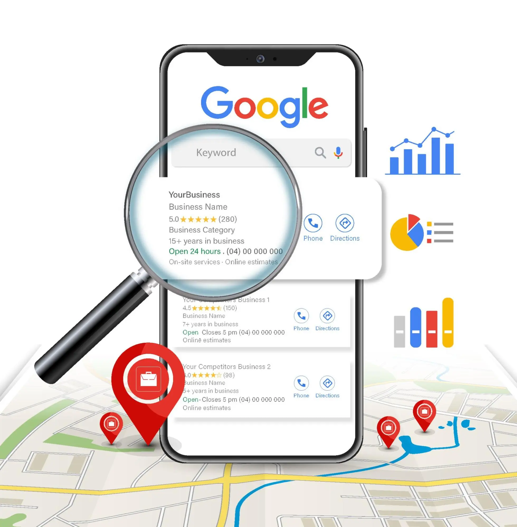 "Xtrim Digitech local SEO company in Indore – smartphone showing Google search map pack with business ratings, address pins, analytics icons, and a magnifying glass for local SEO services"