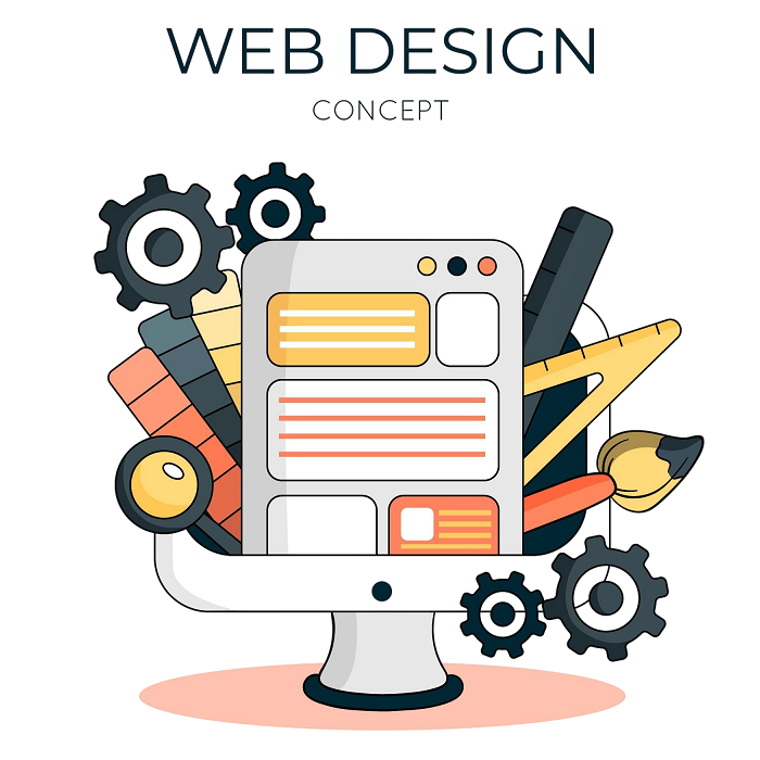 A desktop computer monitor displaying a website layout, surrounded by design tools like gears, color swatches, a paintbrush, pencil, and ruler.