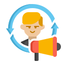 Icon of a person with a megaphone and circular arrows, symbolizing remarketing, customer re-engagement, and retargeting by the best digital marketing & local SEO company in Indore.