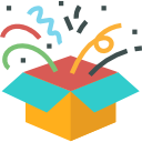 Flat icon of an open yellow and red box with colorful confetti bursting out, representing surprise, creativity, or new digital products by Xtrim Digitech, best digital marketing company in Indore.