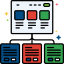 Sitemap or website structure flat icon with top parent page branching into three child pages in blue, red, and green, symbolizing site architecture or hierarchy by Xtrim Digitech, best digital marketing company in Indore.