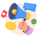 Hand holding a blue megaphone surrounded by chat bubbles, likes, and a globe, representing social media marketing and brand promotion by the best digital marketing & local SEO company in Indore.