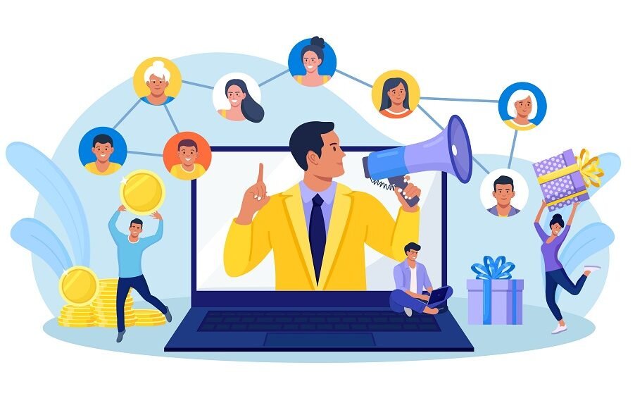 Digital marketing social media lead generation vector for Indore, Madhya Pradesh, showing referral connections, online networking, rewards, and engagement strategies on a laptop screen