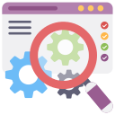 Icon of a magnifying glass over gears in front of a browser window, symbolizing website analysis, SEO audit, and optimization by the best digital marketing & local SEO company in Indore.
