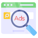 Flat icon of a web browser with a magnifying glass highlighting the word “Ads,” representing search advertising and paid campaigns by the best digital marketing & local SEO company in Indore.