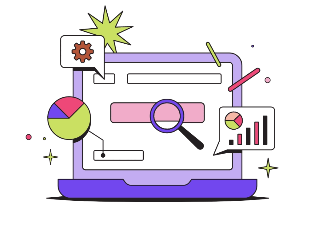 A desktop computer monitor displaying a website layout, surrounded by design tools like gears, color swatches, a paintbrush, pencil, and ruler.