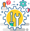 Technical support icon with gear, screwdriver, and wrench inside a cog, representing digital marketing tools and customer support by Xtrim Digitech, best digital marketing company in Indore.