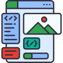 Flat icon showing a webpage UI with code, settings, and a highlighted image, symbolizing web design, UI/UX, and development by Xtrim Digitech, best digital marketing company in Indore.