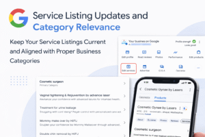 Google Business Profile dashboard showing service listing updates and category relevance on smartphone screen, highlighting local SEO optimization and profile management.