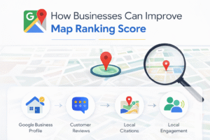 Illustration showing Google Maps location pin, magnifying glass and local SEO factors like Google Business Profile, customer reviews, local citations and engagement to improve map ranking.