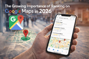 Smartphone showing Google Maps local search results with business listings, highlighting local SEO updates 2026 and strategies to rank higher on Google Maps.