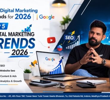 Digital marketing expert explaining top digital marketing trends for 2026 with SEO growth charts, Google search insights, and online marketing strategy visuals.