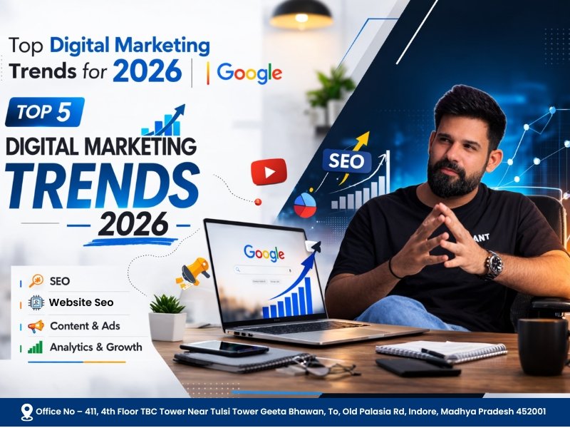 Digital marketing expert explaining top digital marketing trends for 2026 with SEO growth charts, Google search insights, and online marketing strategy visuals.