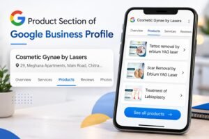 Google Business Profile product section showing service listings and keyword-optimized products to improve local SEO ranking and online visibility.