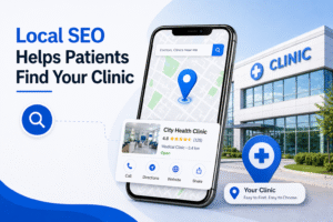 Local SEO concept showing a smartphone map with clinic location pin and modern medical clinic building helping patients find nearby healthcare services.