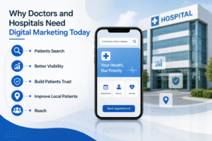 Digital marketing for doctors and hospitals showing patient search, online visibility, trust building, and local reach strategies in Indore