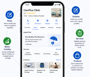 Smartphone displaying a Google Business Profile for a clinic with posts, services, and products to improve local SEO visibility.