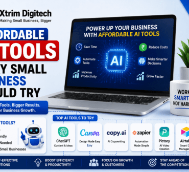 Affordable AI tools for small businesses featuring ChatGPT, Canva, Copy.ai, Zapier, Pictory, Airtable, and AI-powered business automation solutions by Xtrim Digitech.