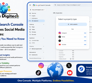 Google Search Console Social Media Properties dashboard showing Instagram, TikTok, X, and YouTube integration for improved SEO, website visibility, and digital presence by Xtrim Digitech.