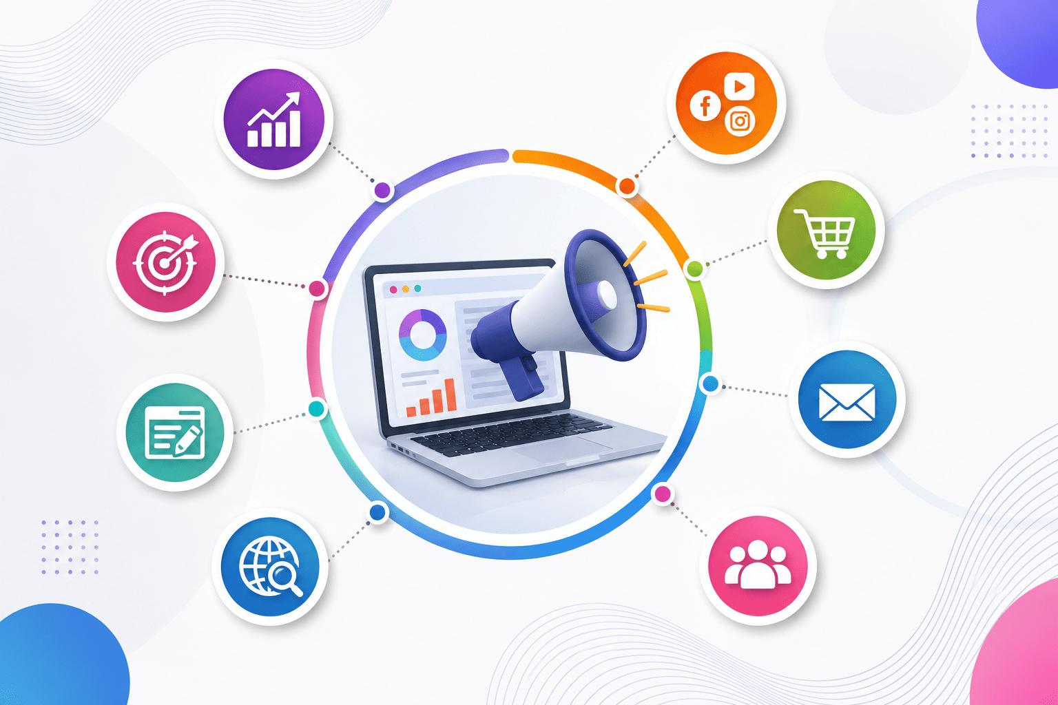 Digital marketing services illustration featuring social media marketing, SEO, content marketing, email marketing, lead generation, website analytics, and online advertising by Xtrim Digitech in Indore.